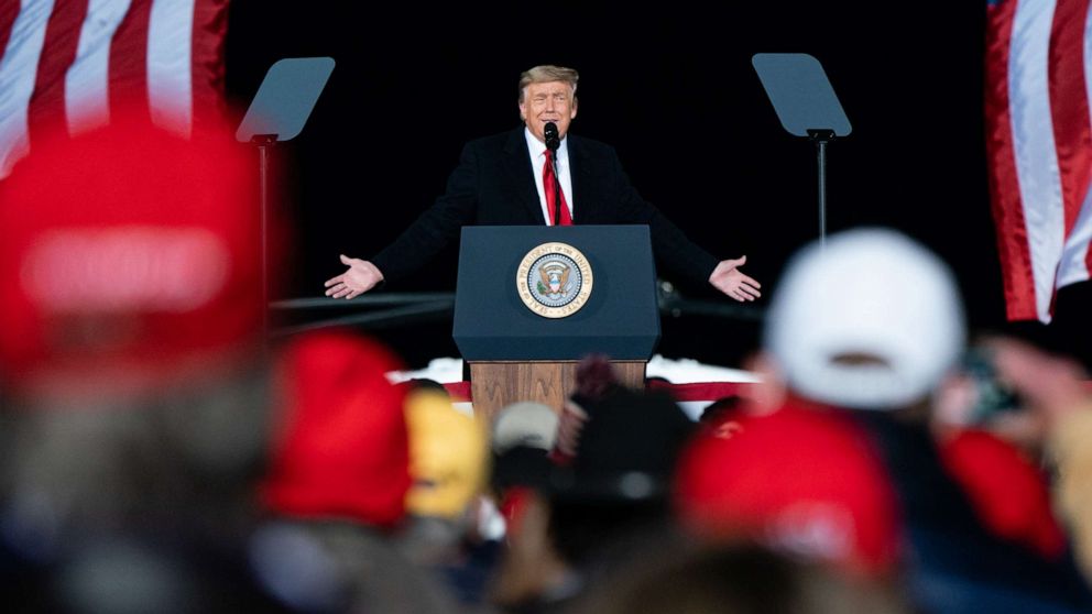 PHOTO: President Donald Trump speaks during a campaign rally for Senators Kelly Loeffler and David Perdue in Dalton, Ga., Jan. 4, 2021.