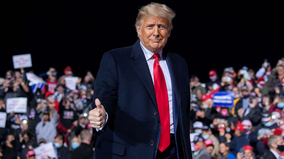 PHOTO: President Donald Trump gives a thumbs up as he arrives to hold a Make America Great Again rally as he campaigns at John Murtha Johnstown-Cambria County Airport in Johnstown, Pa., Oct. 13, 2020. 