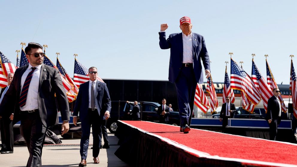 PHOTO: Republican presidential candidate former President Donald Trump arrives for a campaign rally, Sept. 21, 2024, in Wilmington, N.C.