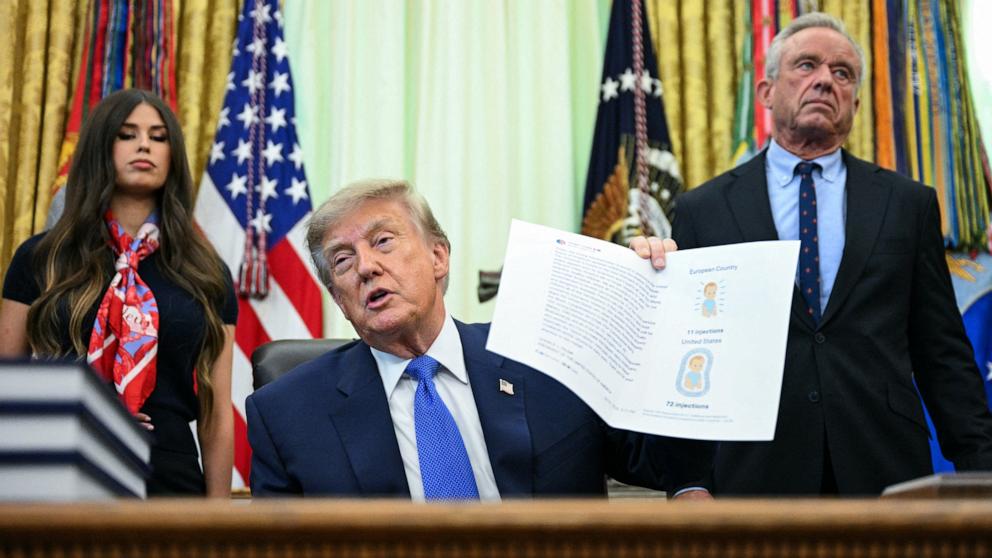 PHOTO: Secretary of Health and Human Services Robert F. Kennedy Jr. looks on as Donald Trump speaks before signing an executive order calling for more research and flexibility on vaccines, in White House in Washington, DC, on August 10, 2026.
