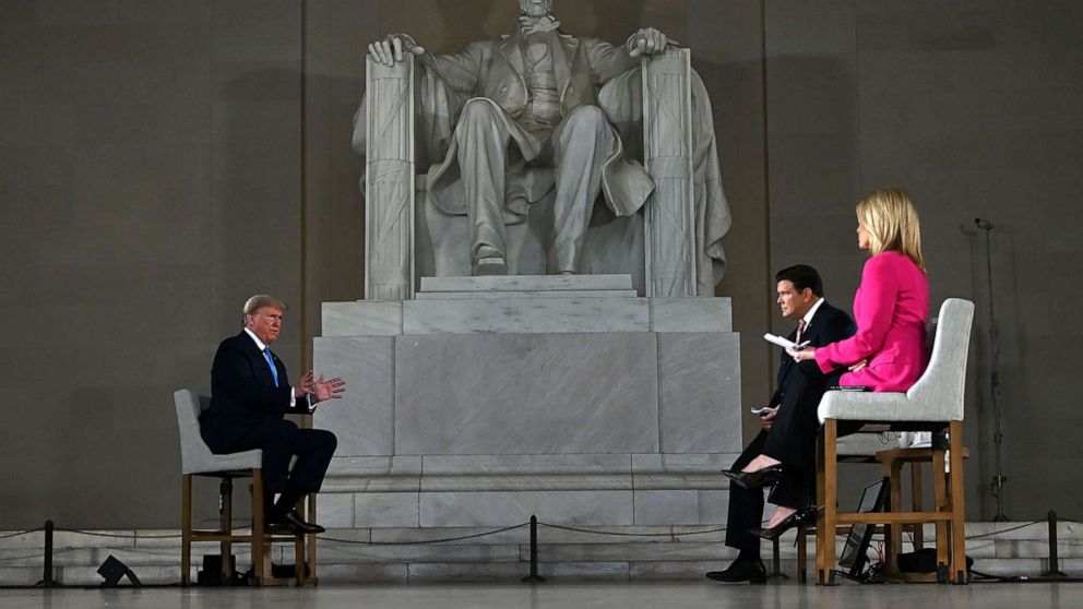 PHOTO: President Donald Trump speaks during a Fox News virtual town hall "America Together: Returning to Work," event, with anchors Bret Baier and Martha MacCallum, from the Lincoln Memorial in Washington, D.C., on May 3, 2020.