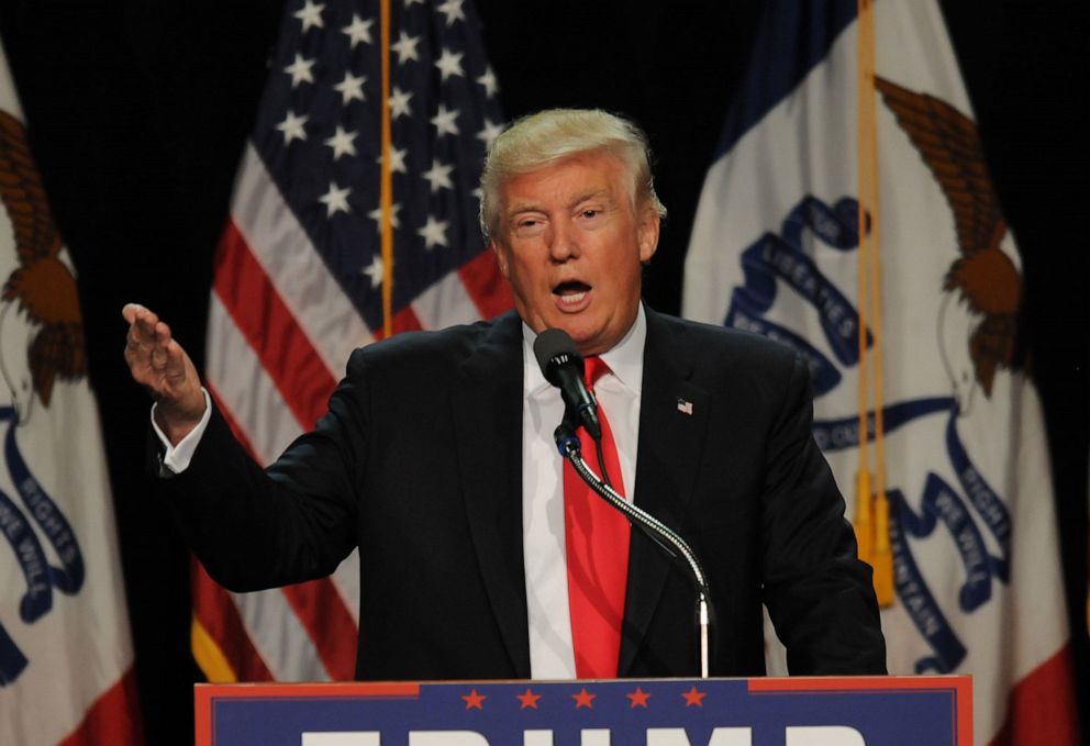 PHOTO: In this Aug. 5, 2016, file photo, then-Republican Presidential Candidate Donald Trump speaks at a rally at the Iowa Events Center, in Des Moines, Iowa.