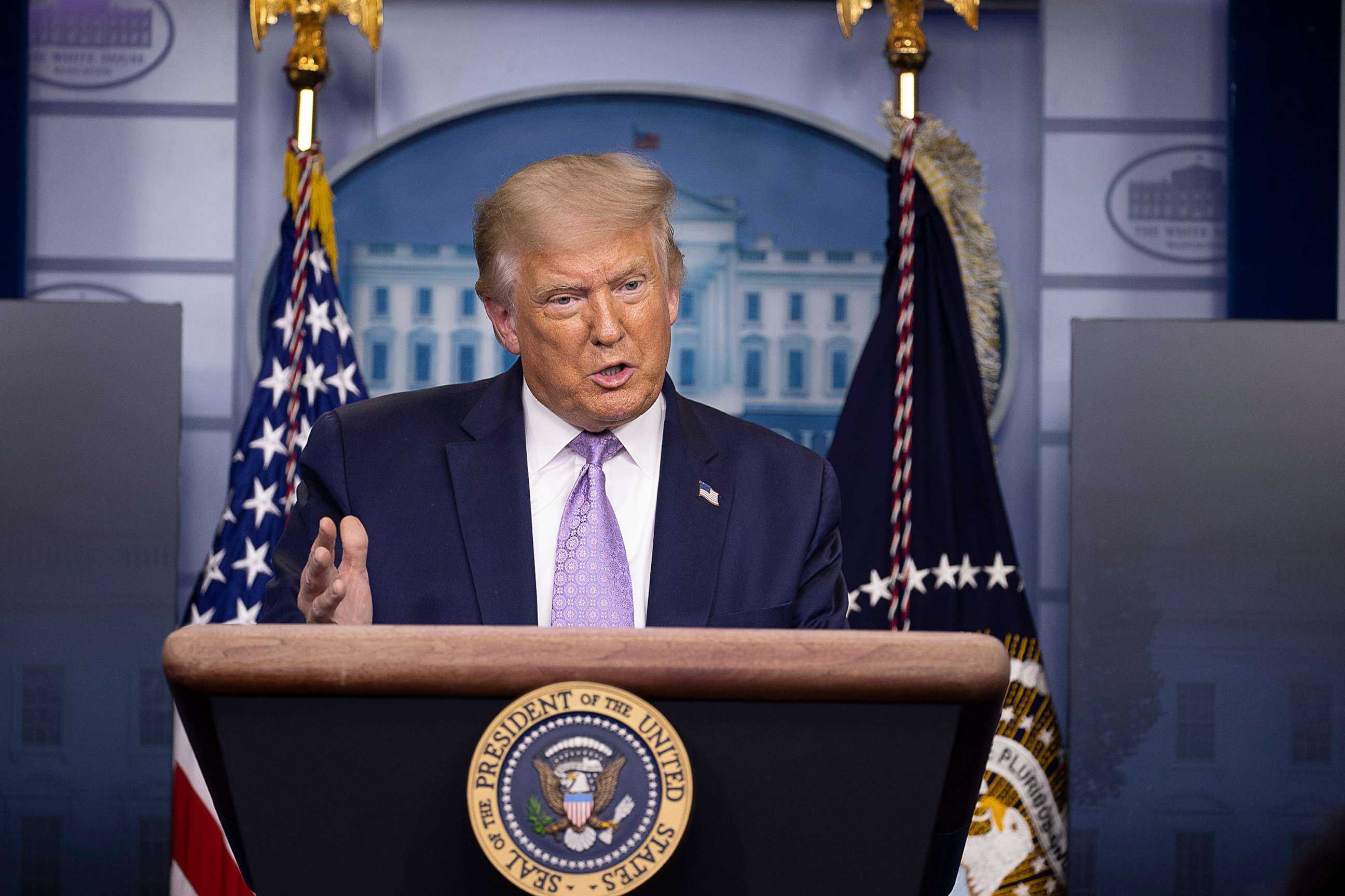 PHOTO: President Donald Trump speaks during a briefing at the White House Aug. 13, 2020, in Washington, DC.