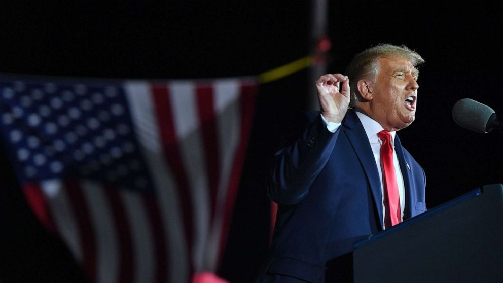 PHOTO: President Donald Trump addresses supporters during a campaign rally at MBS International Airport in Freeland, Mich., on Sept. 10, 2020.