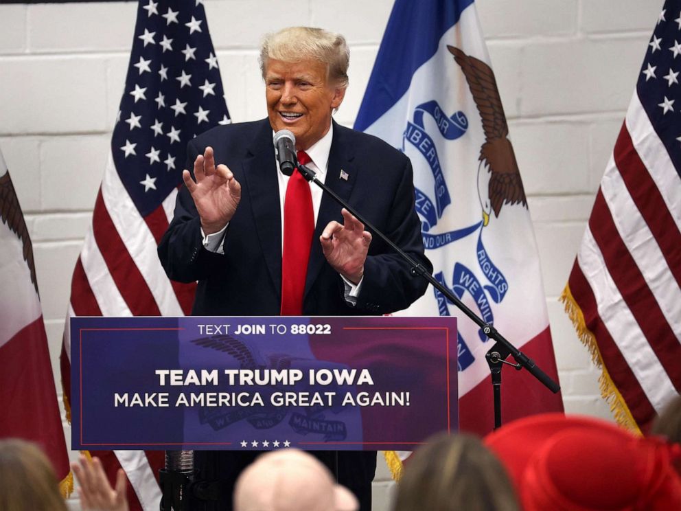 PHOTO: Former President Donald Trump greets supporters at a Team Trump volunteer leadership training event held at the Grimes Community Complex on June 1, 2023, in Grimes, Iowa.
