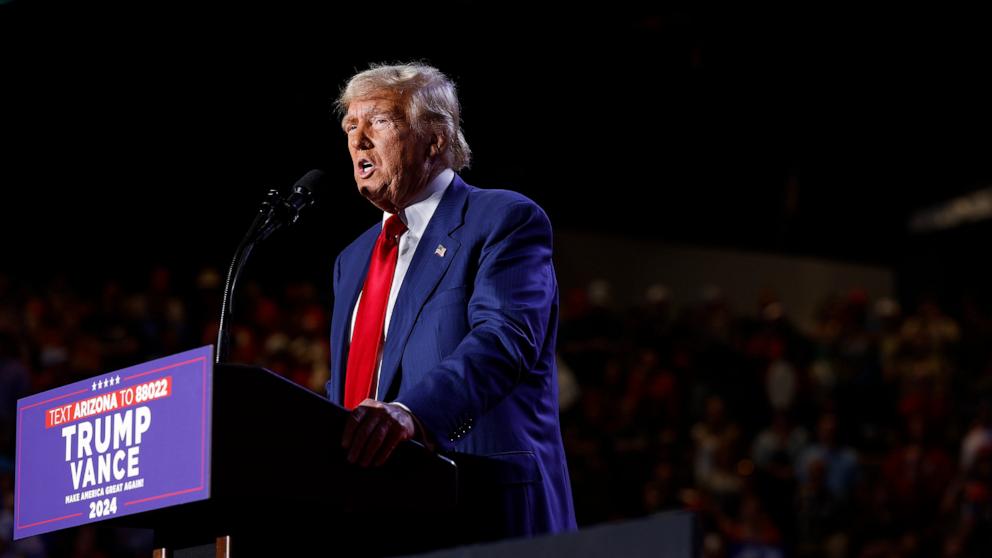 PHOTO: Republican presidential nominee, former President Donald Trump, speaks during a rally at Mullett Arena on Oct. 24, 2024, in Tempe, Arizona. 