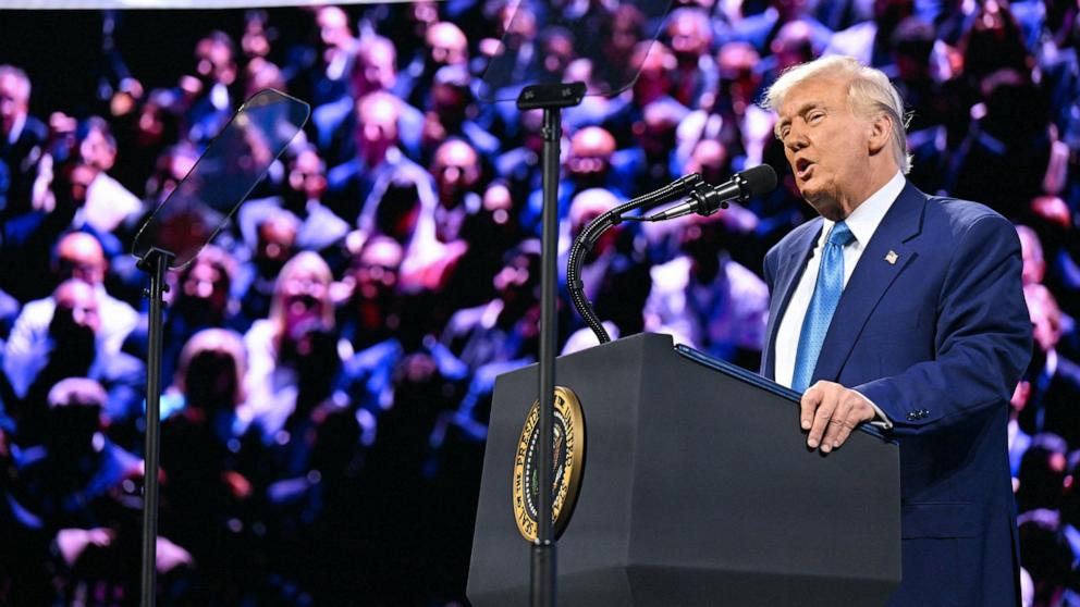 PHOTO: President Donald Trump speaks at FII PRIORITY Miami 2025 Summit (Future Investment Initiative) at the Faena Hotel & Forum in Miami Beach, Florida, Feb. 19, 2025. 