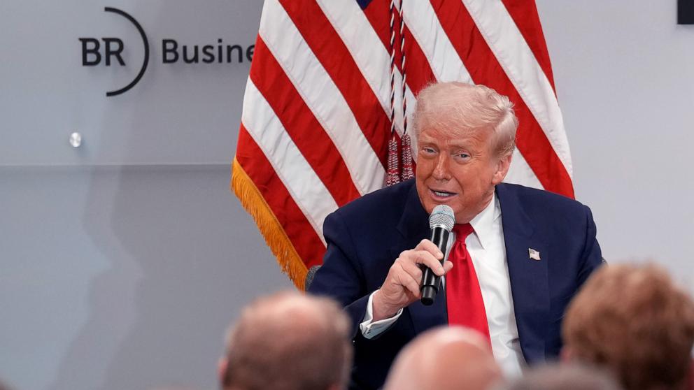 PHOTO: President Donald Trump delivers remarks at the Business Roundtable's quarterly meeting at the Business Roundtable headquarters, on March 11, 2025, in Washington, DC.