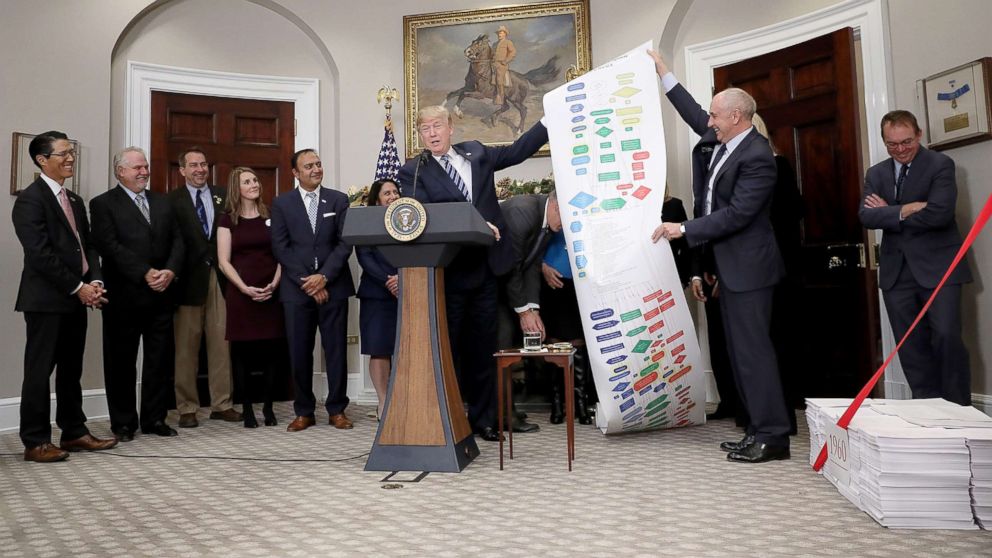President Donald Trump holds a chart displaying regulations required to build infrastructure projects while speaking at an event at the White House promoting the administration's efforts to decrease federal regulations, Dec. 14, 2017, in Washington, DC.