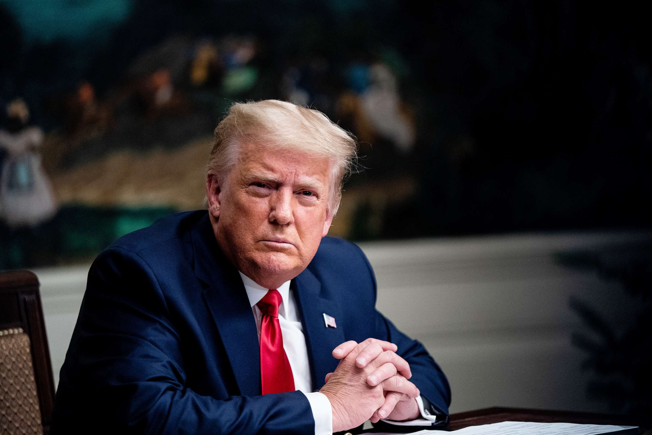 PHOTO: President Donald Trump speaks in the Diplomatic Room of the White House on Thanksgiving on Nov. 26, 2020 in Washington, D.C.