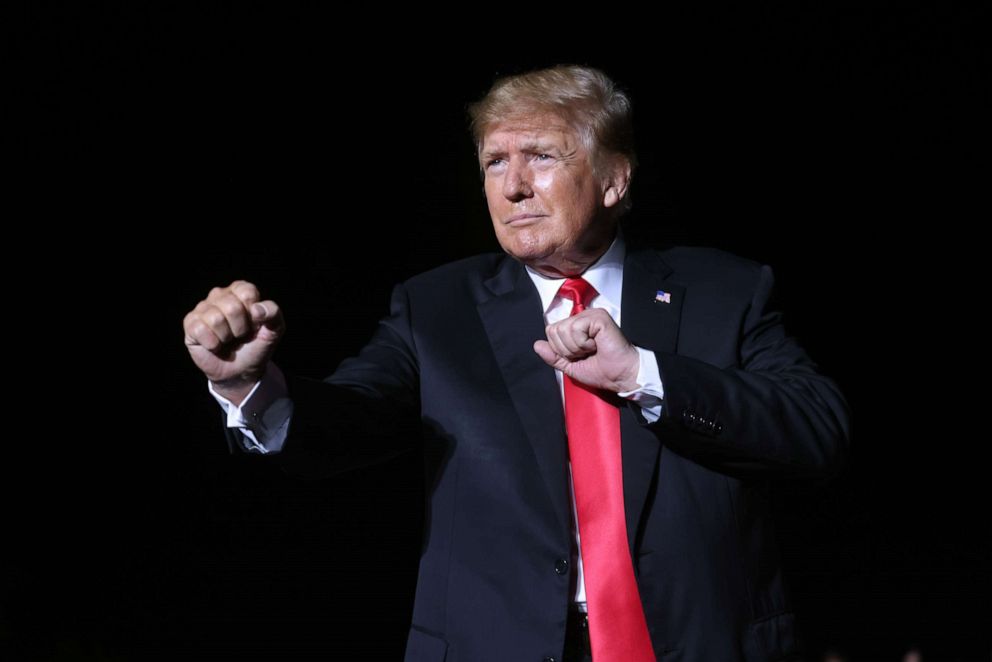 PHOTO: Former President Donald Trump speaks to supporters during a rally at the Iowa State Fairgrounds on Oct. 09, 2021, in Des Moines, Iowa.