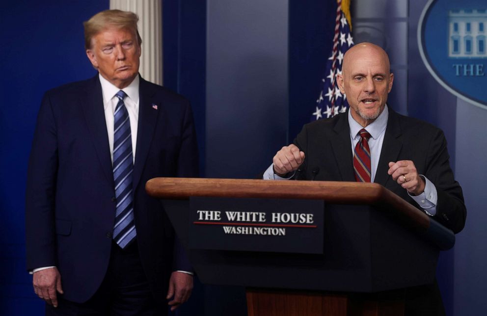 PHOTO: President Donald Trump listens as Food and Drug Administration (FDA) Commissioner Dr. Stephen Hahn addresses the daily coronavirus task force briefing at the White House in Washington, April 21, 2020.