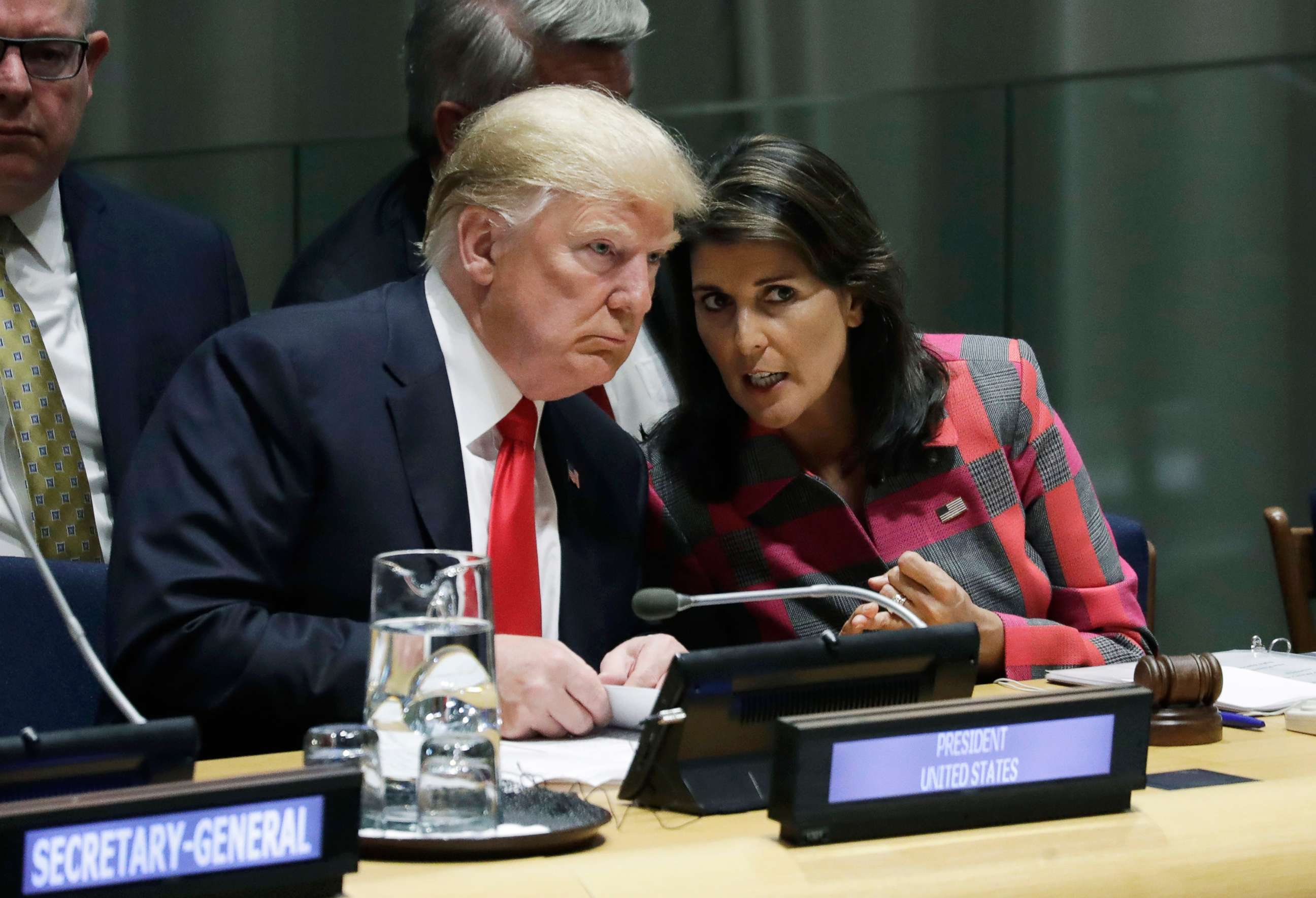PHOTO: President Donald Trump talks to Nikki Haley, the U.S. Ambassador to the United Nations, at the United Nations General Assembly at U.N. headquarters, Sept. 24, 2018.