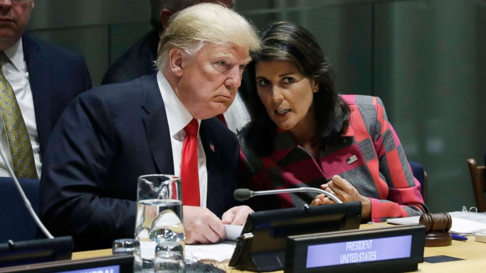 PHOTO: President Donald Trump talks to Nikki Haley, the U.S. Ambassador to the United Nations, at the United Nations General Assembly at U.N. headquarters, Sept. 24, 2018.