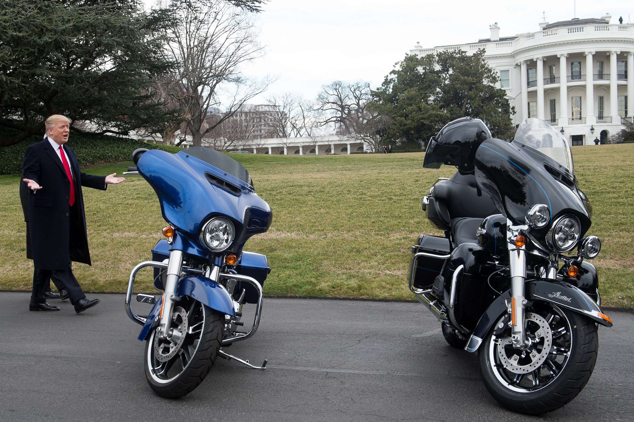 PHOTO: President Donald Trump arrives to meet with Harley Davidson executives and union representatives on the South Lawn of the White House in Washington, D.C., Feb. 2, 2017.