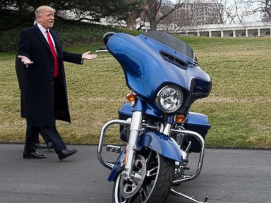 PHOTO: President Donald Trump arrives to meet with Harley Davidson executives and union representatives on the South Lawn of the White House in Washington, D.C., Feb. 2, 2017.