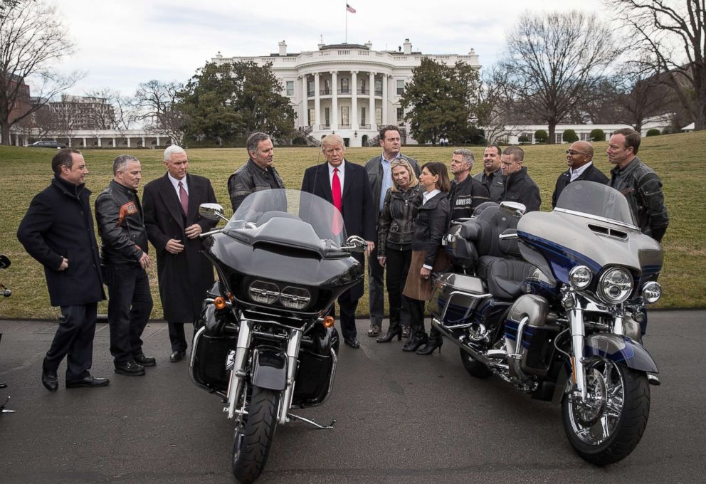 PHOTO: In this file photo, President Donald Trump talks with Harley Davidson executives on the South Lawn of the White House, Feb. 2, 2017, in Washington, DC.