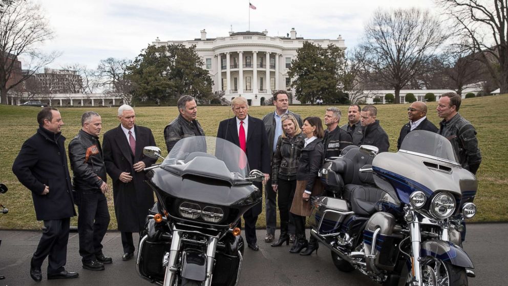 PHOTO: In this file photo, President Donald Trump talks with Harley Davidson executives on the South Lawn of the White House, Feb. 2, 2017, in Washington, DC.