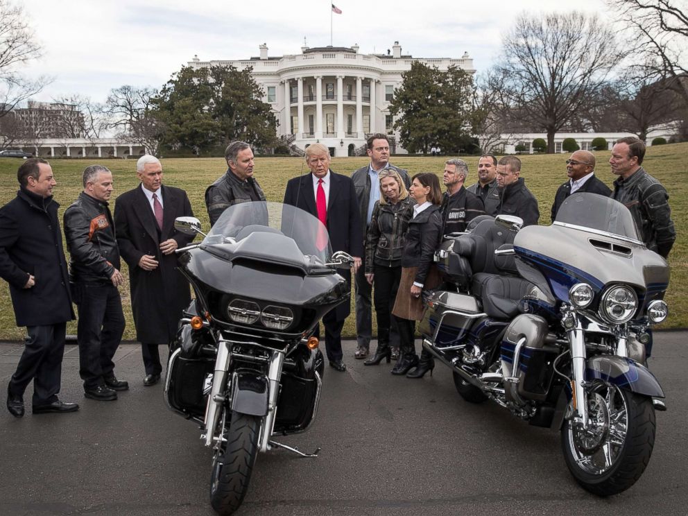 PHOTO: In this file photo, President Donald Trump talks with Harley Davidson executives on the South Lawn of the White House, Feb. 2, 2017, in Washington, DC.