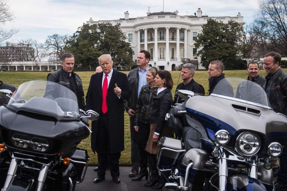 PHOTO: President Trump and Vice President Mike Pence meet with Harley Davidson executives and Union Representatives on the South Lawn of the White House in Washington, D.C., Feb. 2, 2017.