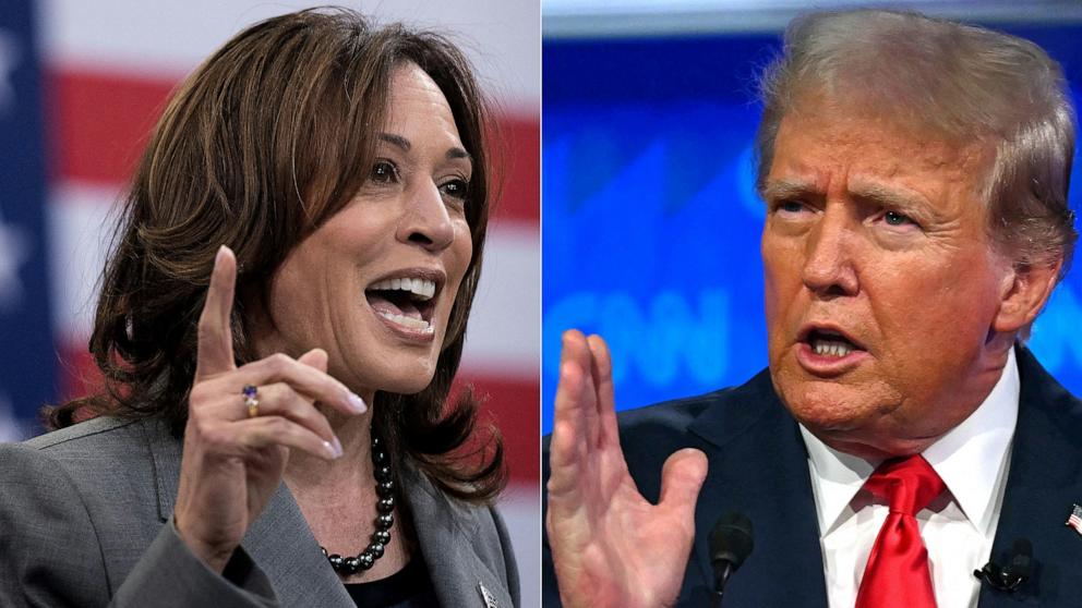 PHOTO: Vice President and Democratic presidential candidate Kamala Harris speaks on March 26, 2024, in Raleigh, North Carolina. | Former President and Republican presidential candidate Donald Trump speaks in Atlanta, Georgia, on June 27, 2024.