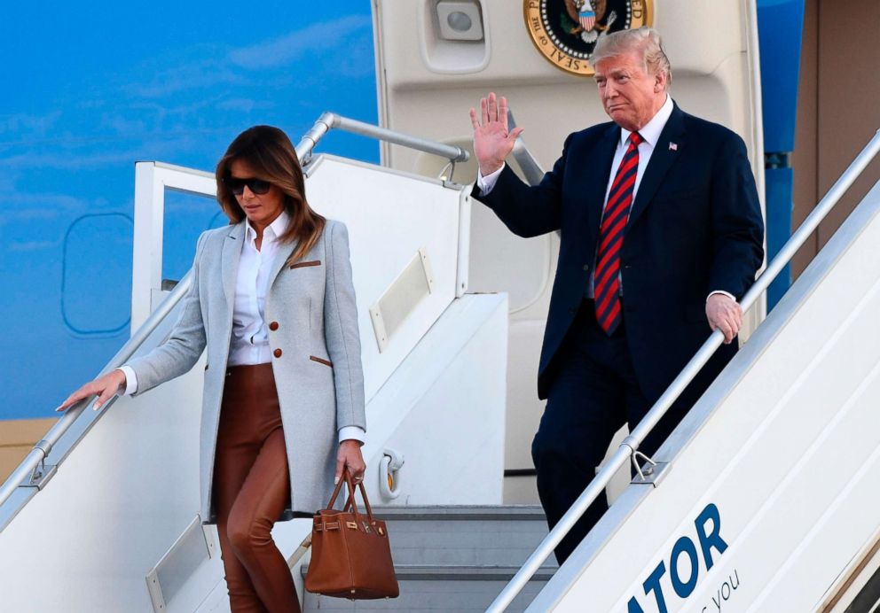 PHOTO: President Donald Trump and First Lady Melania Trump disembark from Air Force One upon arrival at Helsinki-Vantaa Airport in Helsinki, July 15, 2018.