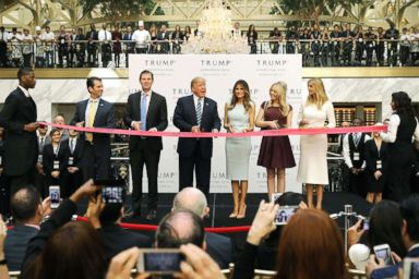 PHOTO: Republican presidential nominee Donald Trump and his family (L-R) son Donald Trump Jr, son Eric Trump, wife Melania Trump and daughters Tiffany Trump and Ivanka Trump at the new Trump International Hotel in Washington, D.C., Oct. 26, 2016.