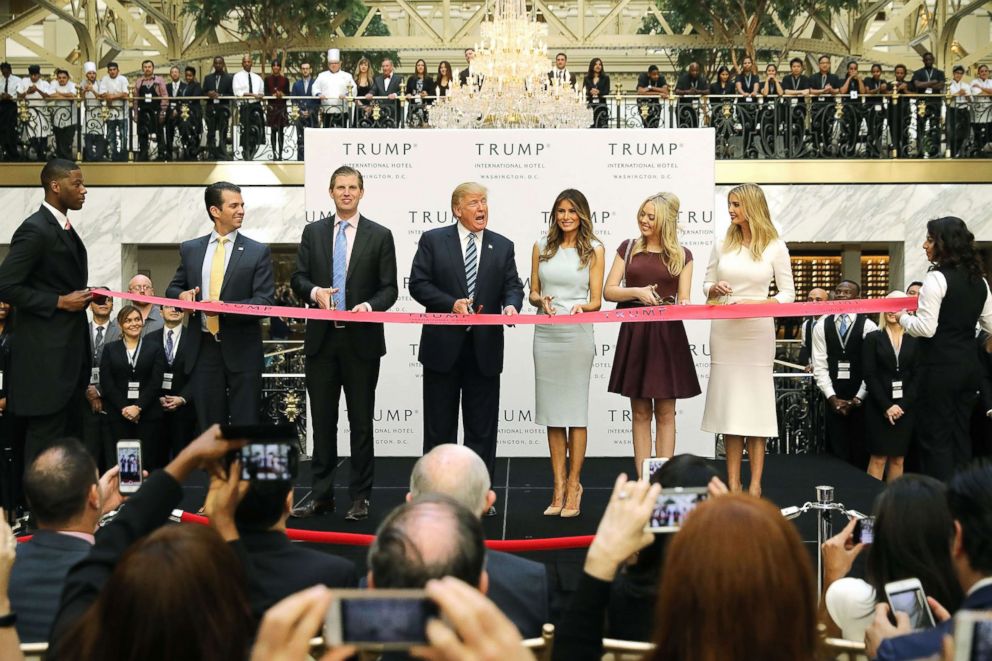 PHOTO: Republican presidential nominee Donald Trump and his family (L-R) son Donald Trump Jr, son Eric Trummp, wife Melania Trump and daughters Tiffany Trump and Ivanka Trump at the new Trump International Hotel, Oct. 26, 2016, in Washington, DC.