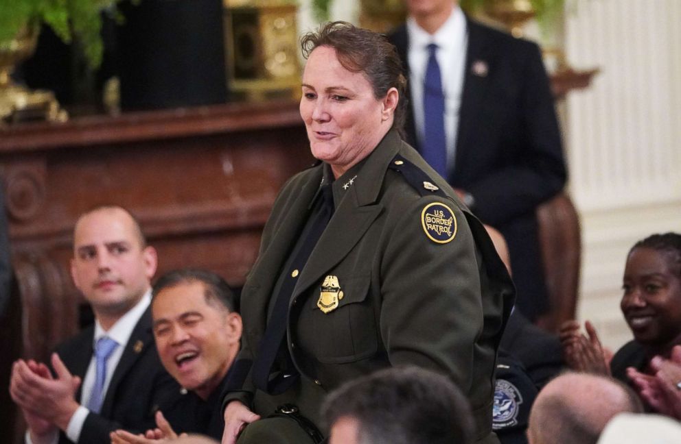 PHOTO: US Border Patrol Chief Carla Provost acknowledges applause during an event honoring the Immigration and Customs Enforcement and Customs and Border Protection services at the White House in Washington, Aug. 20, 2018.