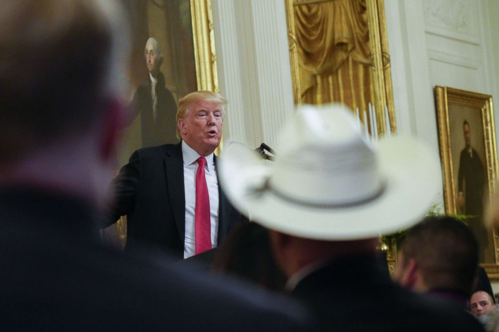 PHOTO: President Donald Trump speaks during an Immigration and Customs Enforcement (ICE) and Customs and Border Protection event in the East Room of the White House, Aug. 20, 2018. 