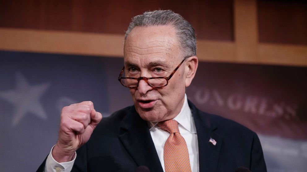 PHOTO: Senate Minority Leader Chuck Schumer, explains to reporters how his negotiations with President Donald Trump broke down yesterday during this press conference on Jan. 20, 2018. 