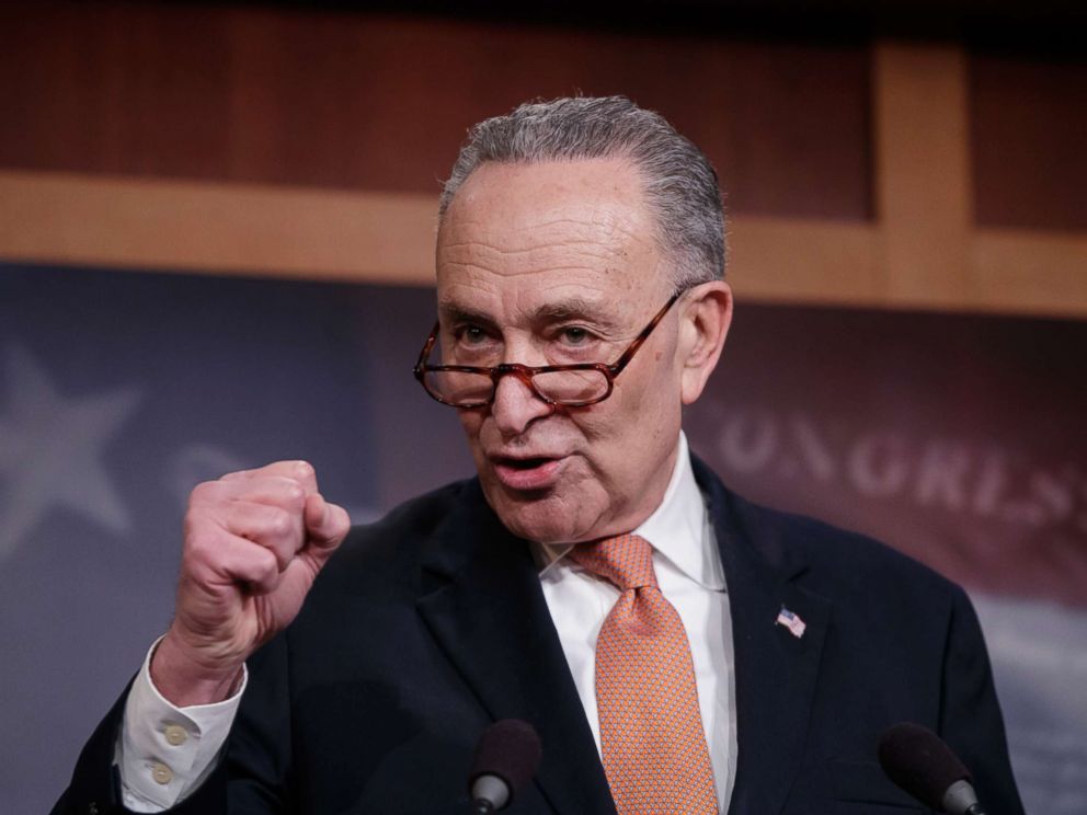 PHOTO: Senate Minority Leader Chuck Schumer, explains to reporters how his negotiations with President Donald Trump broke down during this press conference on Jan. 20, 2018.