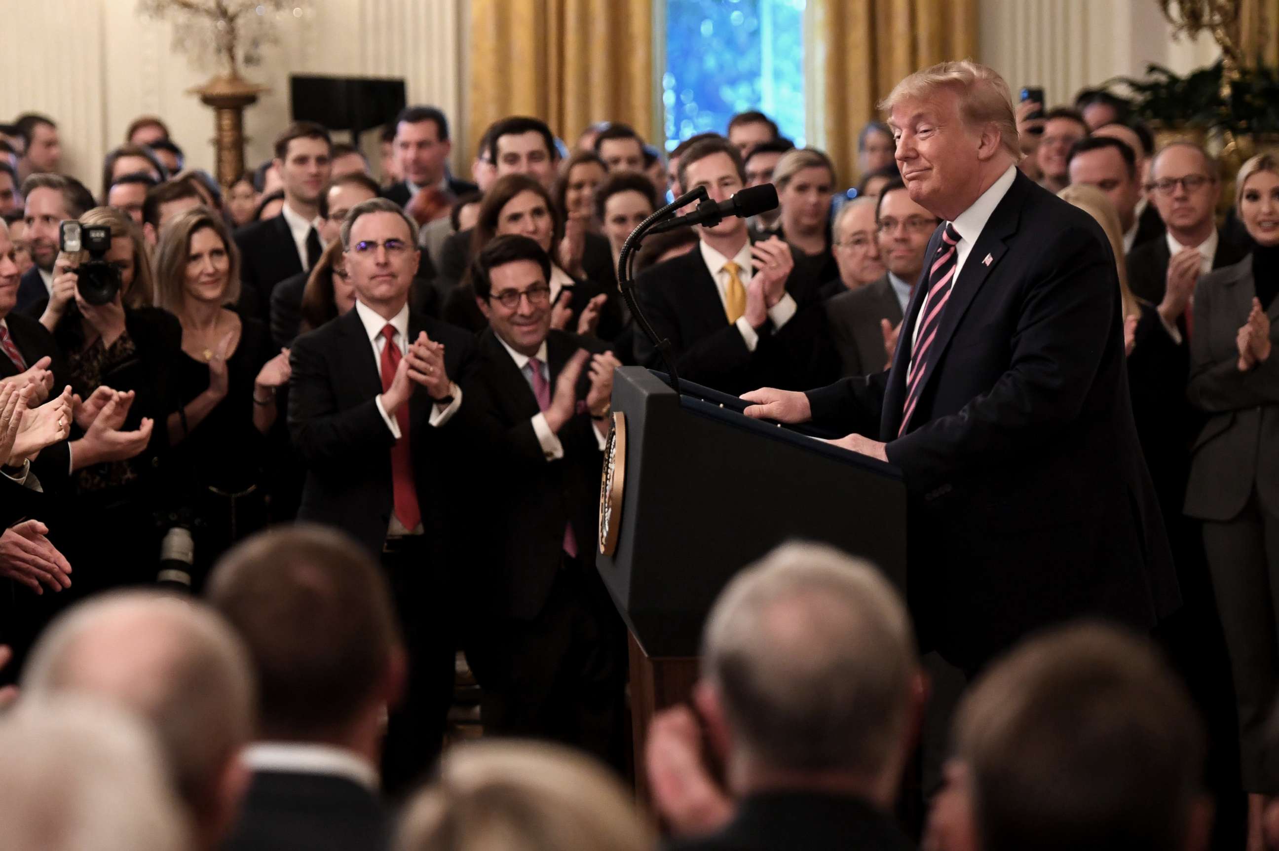 PHOTO: President Donald Trump speaks about his Senate impeachment trial in the East Room of the White House in Washington, D.C,, Feb.6, 2020.