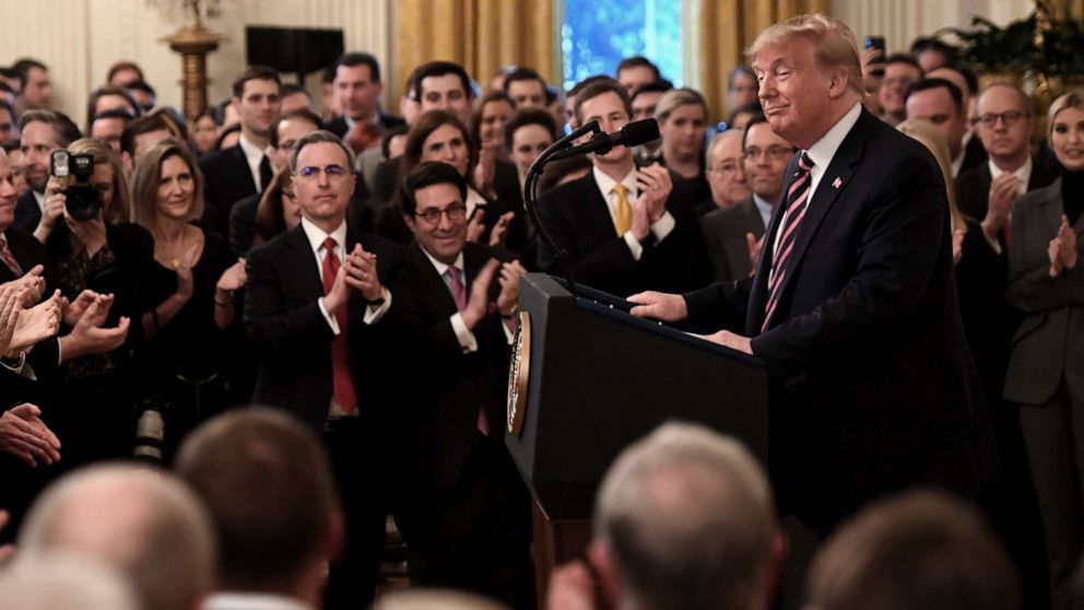 PHOTO: President Donald Trump speaks about his Senate impeachment trial in the East Room of the White House in Washington, D.C,, Feb.6, 2020.