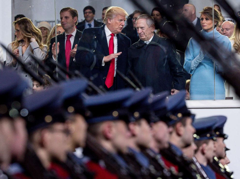 PHOTO: President Donald Trump talks with Defense Secretary-designate James Mattis in the reviewing stand for Trumps inaugural parade on Pennsylvania Ave. outside the White House in Washington, Jan. 20, 2017.