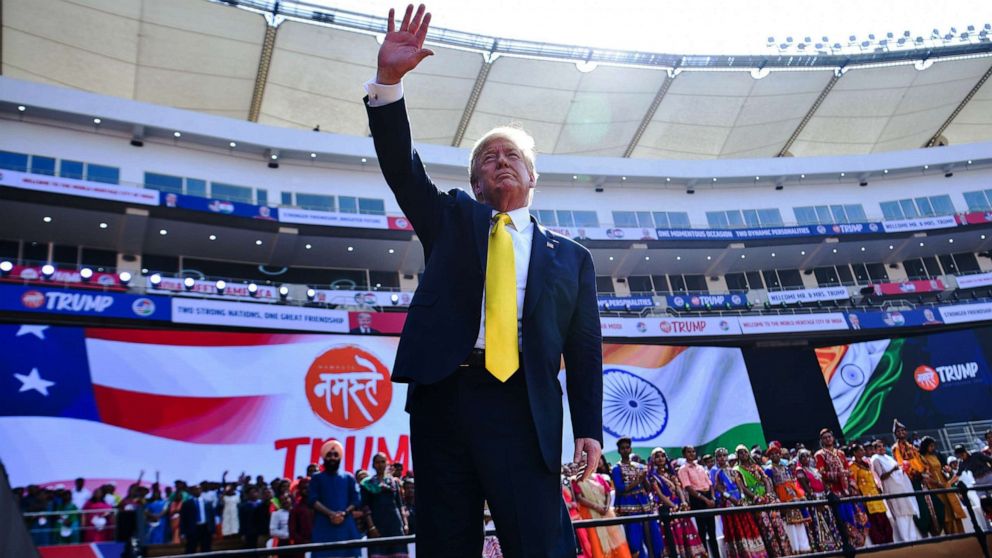 PHOTO: President Donald Trump waves after attending 'Namaste Trump' rally at Sardar Patel Stadium in Motera, on the outskirts of Ahmedabad, India, Feb. 24, 2020.