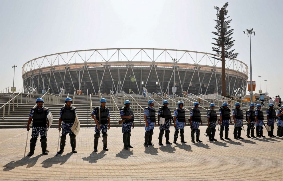 PHOTO: Rapid Action Force personnel stand guard outside Sardar Patel Gujarat Stadium, where President Donald Trump is scheduled to address an event with Indian Prime Minister Narendra Modi during his to visit, in Ahmedabad, India, Feb. 21, 2020.