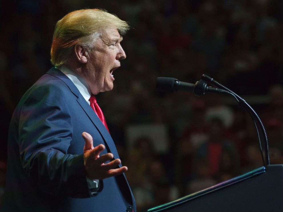 PHOTO: President Donald Trump speaks at the North Side Gymnasium in Elkhart, Ind., May 10, 2018, during a campaign rally.