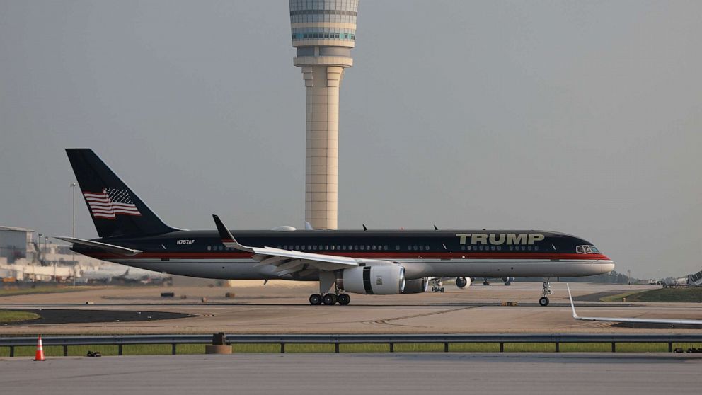 PHOTO: The plane carrying former President Donald Trump arrives at Atlanta Hartsfield-Jackson International Airport on Aug. 24, 2023 in Atlanta.