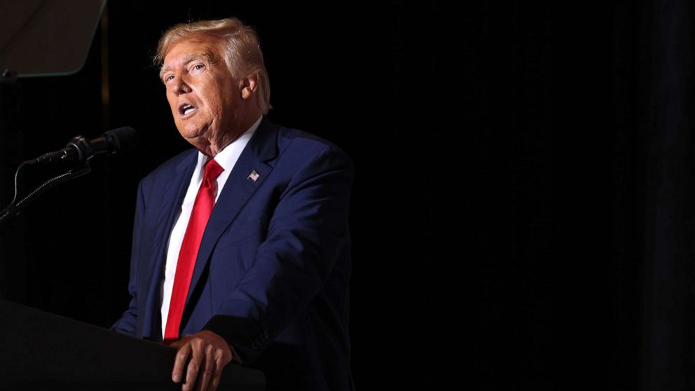 PHOTO: Former President Donald Trump speaks to supporters during a Farmers for Trump campaign event at the MidAmerica Center on July 7, 2023, in Council Bluffs, Iowa.