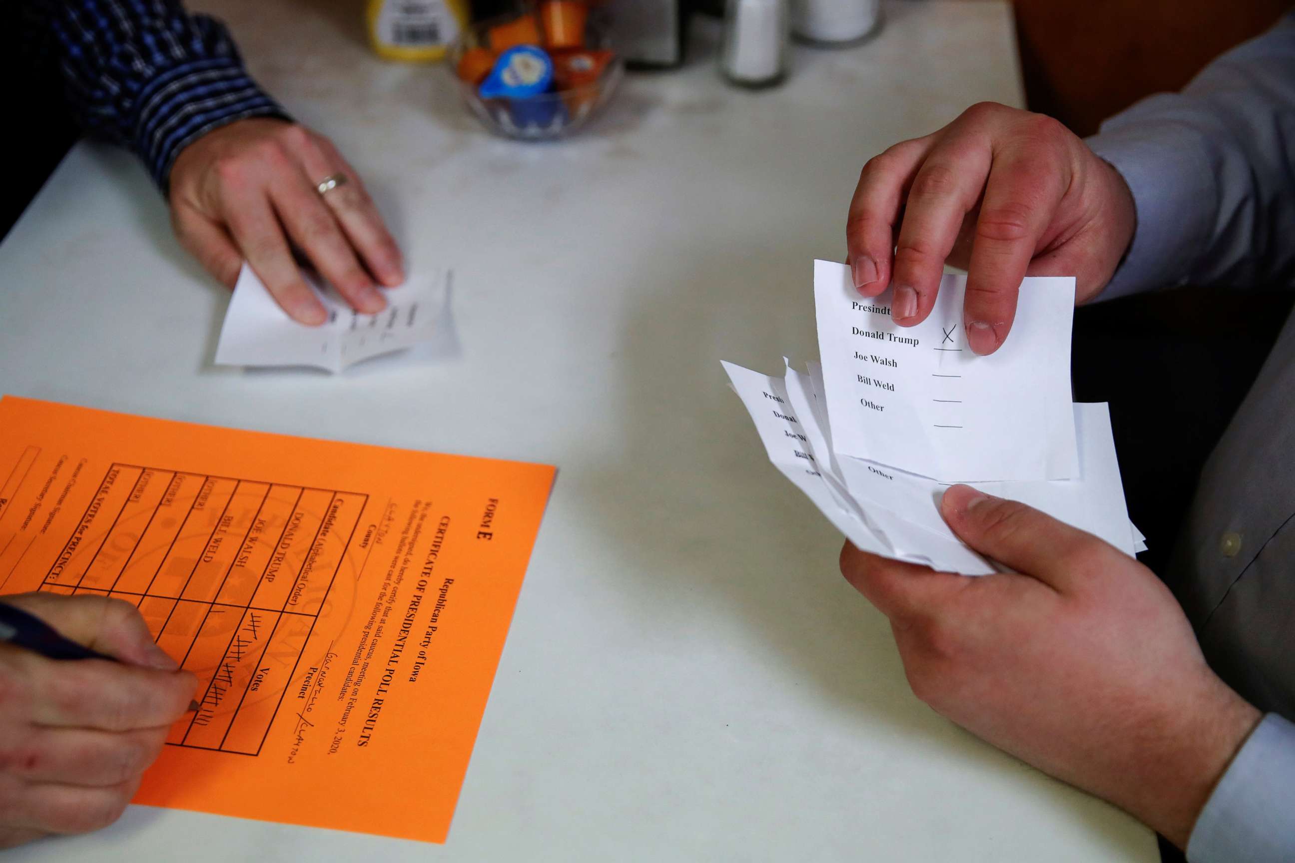 PHOTO: Votes are seen during the Republican caucus at Thoma Dairy Bar Cafe in Garnavillo, Iowa, Feb. 3, 2020.
