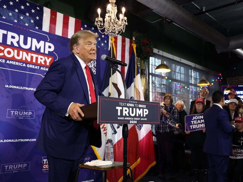 PHOTO: Republican presidential candidate former President Donald Trump speaks at a commit to caucus campaign event at the Whiskey River bar on December 02, 2023 in Ankeny, Iowa.