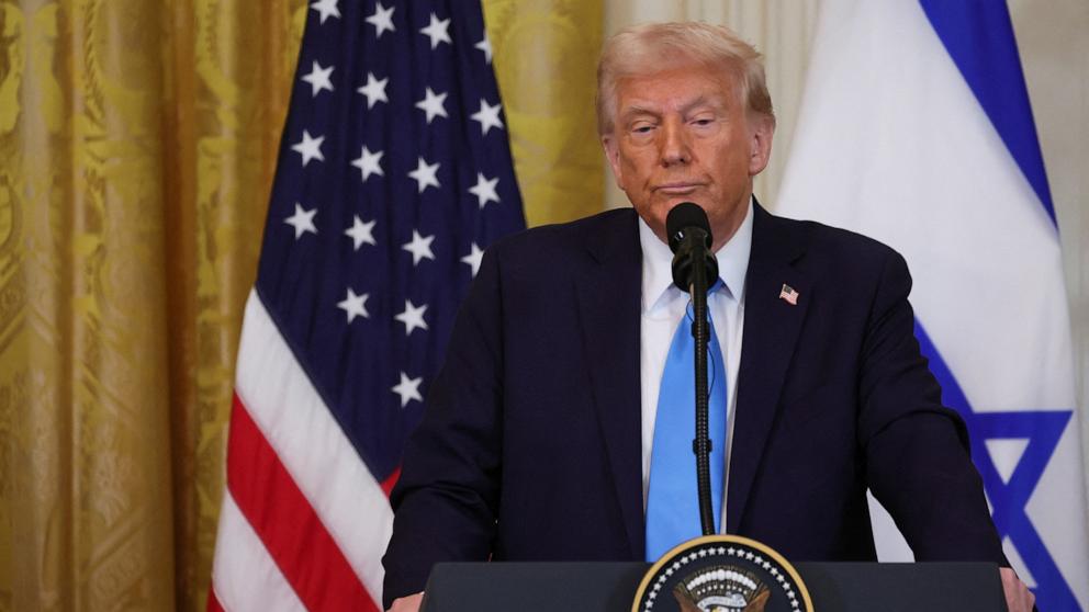 PHOTO: U.S. President Donald Trump looks on as he holds a joint press conference with Israeli Prime Minister Benjamin Netanyahu in the East Room at the White House in Washington, Feb. 4, 2025.