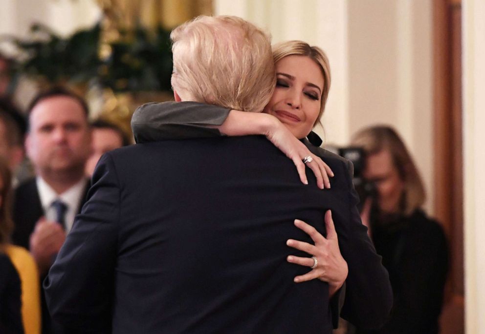 PHOTO: President Donald Trump hugs his daughter and Senior Advisor Ivanka Trump at the conclusion of his speech about his Senate impeachment trial in the East Room of the White House, Feb. 6, 2020.