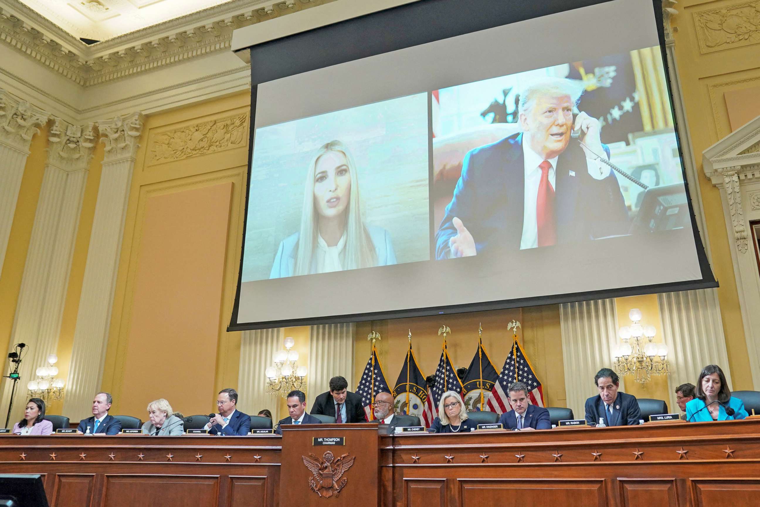 PHOTO: Ivanka Trump testifies about a phone call between President Trump and VP Pence, made during an Oval Office meeting on Jan. 6, 2021, in video shown at the hearing investigating the Jan. 6 Attack on the US Capitol, in Washington, D.C., June 16, 2022.
