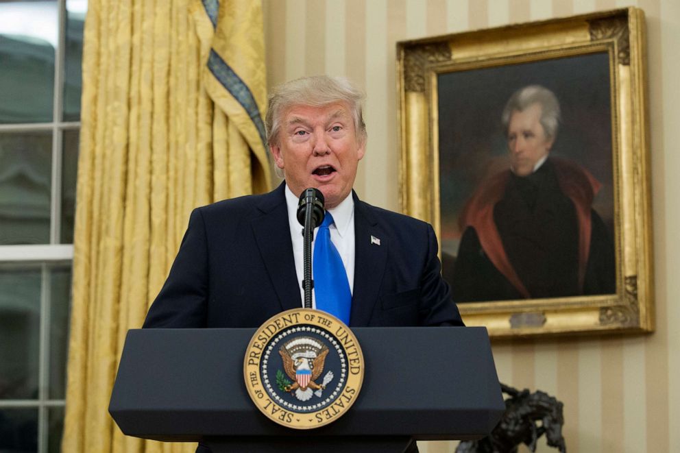PHOTO: President Donald Trump, beneath a portrait of populist President Andrew Jackson, speaks before the swearing-in of Rex Tillerson as secretary of state in the Oval Office of the White House, Feb. 1, 2017.