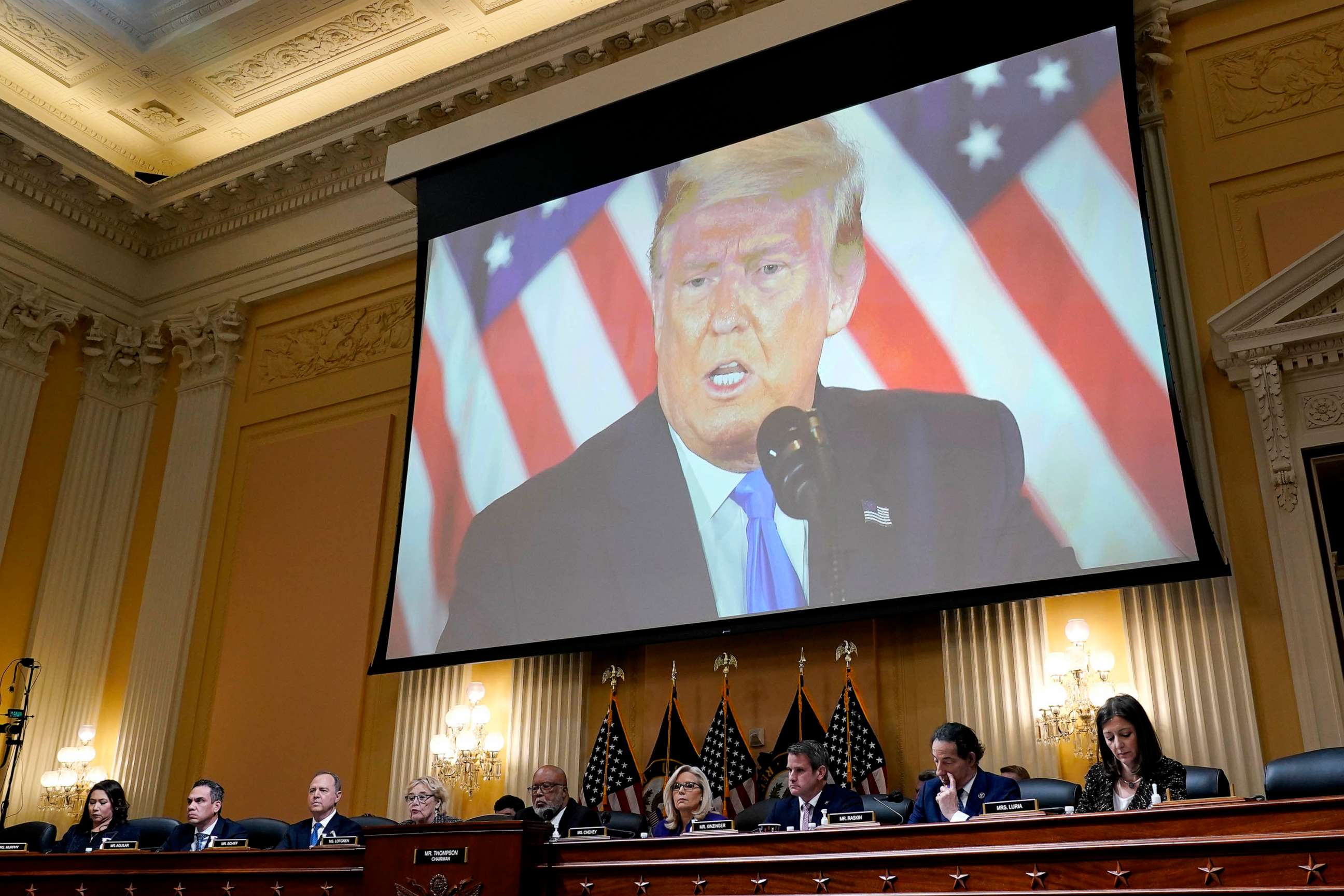 PHOTO: FILE - A video of former President Donald Trump is shown on a screen, as the House select committee investigating the Jan. 6 attack on the U.S. Capitol holds its final meeting on Capitol Hill in Washington, Dec. 19, 2022.