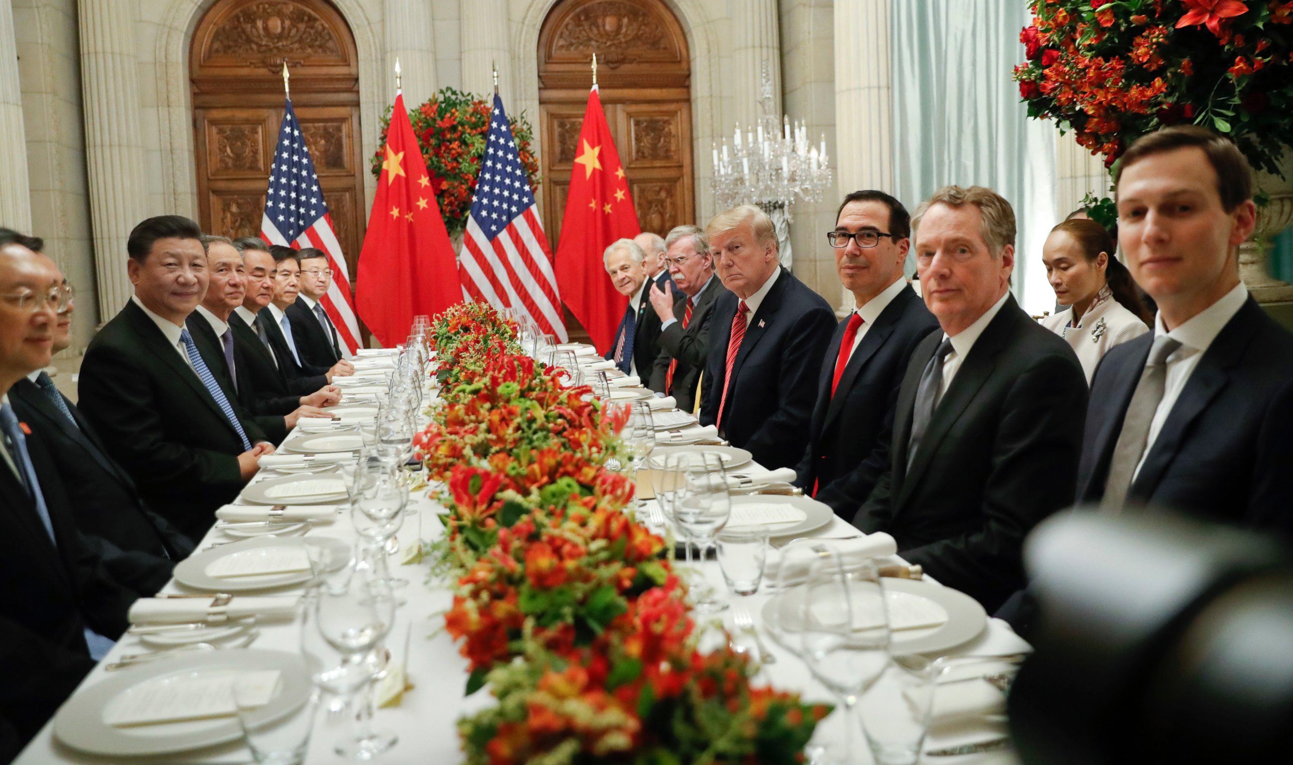 PHOTO: President Donald Trump with China's President Xi Jinping and members of their official delegations during their bilateral meeting at the G20 Summit, Saturday, Dec. 1, 2018 in Buenos Aires, Argentina.