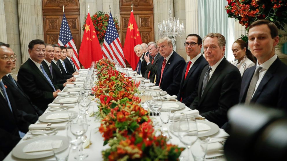 PHOTO: President Donald Trump with China's President Xi Jinping and members of their official delegations during their bilateral meeting at the G20 Summit, Saturday, Dec. 1, 2018 in Buenos Aires, Argentina.