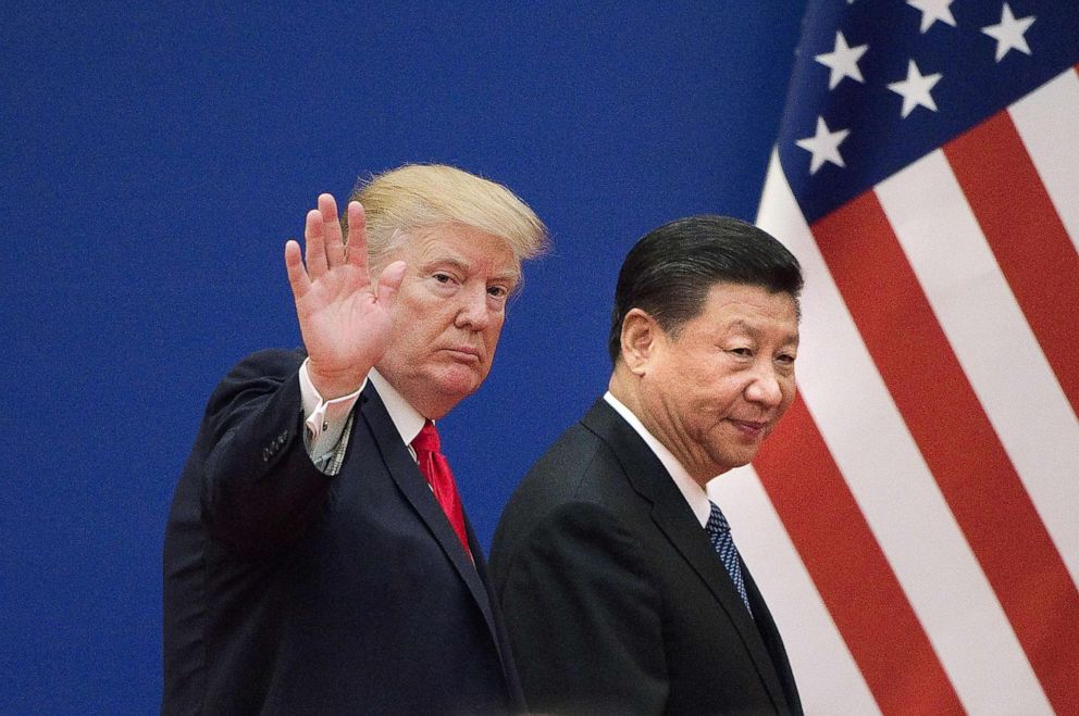 PHOTO: President Donald Trump and China's President Xi Jinping leaving a business leaders event at the Great Hall of the People in Beijing, Nov. 9, 2017.